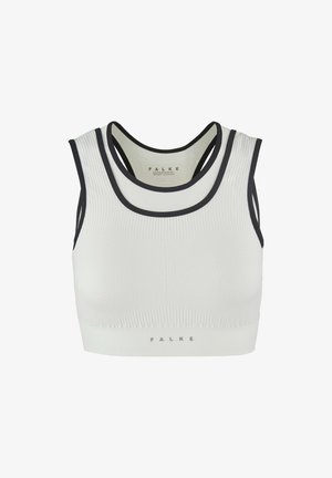 Witte sport-bh met een gestructureerd geribbeld ontwerp, contrasterende marineblauwe biezen en een dubbele strap aan de achterkant. FALKE-logo onderaan.