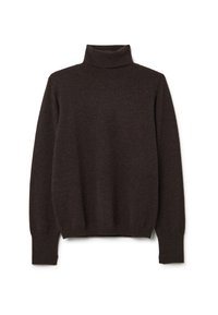 Maglione scuro marrone a collo alto realizzato in morbida lana; presenta maniche lunghe e una vestibilità aderente, con dettagli a coste sui polsini e sull'orlo.