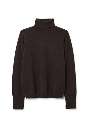 Maglione scuro marrone a collo alto realizzato in morbida lana; presenta maniche lunghe e una vestibilità aderente, con dettagli a coste sui polsini e sull'orlo.