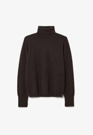 Suéter de cuello alto marrón oscuro hecho de lana suave; cuenta con mangas largas y un diseño ajustado, con detalles de puños y dobladillo acanalados.