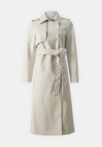 Beige trenchcoat van gladde stof, met een dubbele knopenreeks aan de voorkant, een verstelbare riem en schouderepauletten.