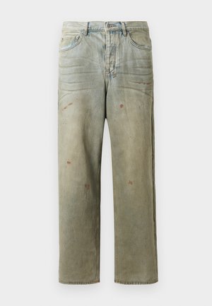 Distressed denim jeans in light green, featuring a straight leg, five-pocket design, and uneven fading with paint splatters.