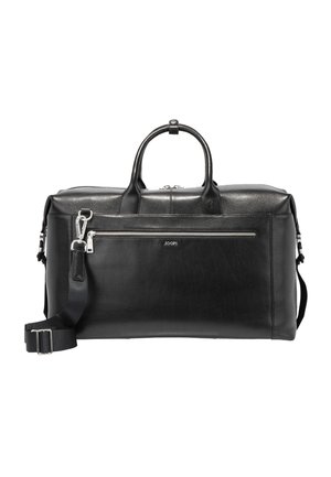 Black leather duffel bag with two handles, front zip pocket, adjustable shoulder strap, and silver hardware branded with Joop logo.