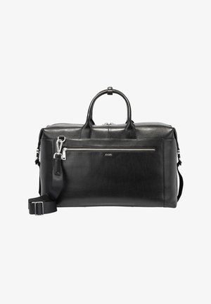 Sort læder duffel-taske med to håndtag, frontlynlåslomme, justerbar skulderrem og sølvfarvet hardware med Joop-logo.