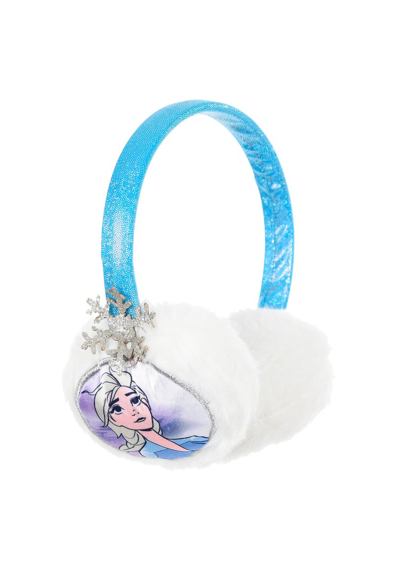 Bandeau en fausse fourrure avec des cache-oreilles, ornée d'un bandeau bleu pailleté, présentant un graphique de personnage et un accent en flocon de neige argenté sur fond blanc.