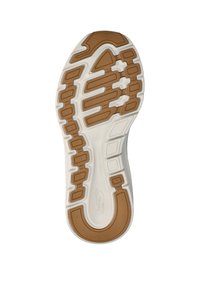 Suola della scarpa con una base in gomma bianca e una superficie di trazione marrone con motivo. Le scanalature e i ritagli notevoli migliorano la presa e la flessibilità.