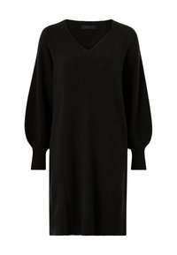 Zwarte gebreide trui jurk met een V-hals, lange pofmouwen en geribbelde manchetten. Zachte textuur, middellange lengte tot boven de dijen en minimalistisch ontwerp.