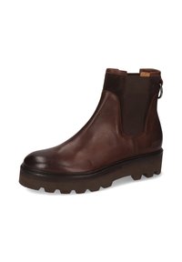 Brązowe skórzane botki za kostkę z elastycznymi panelami po bokach, zaokrąglonym noskiem i masywną, ryflowaną podeszwą. Posiadają pętelkę z tyłu ułatwiającą zakładanie.