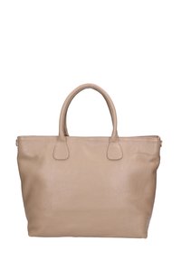 Beige leren schoudertas met een gestructureerde afwerking, dubbele stevige handvatten en een ritssluiting. Kenmerkt zich door een minimalistisch ontwerp en eenvoudige lijnen.