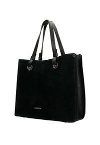 Borsa a spalla in suede nero con dettagli in pelle testurizzata, due manici e un design minimalista. Include hardware in metallo e dettagli con logo.