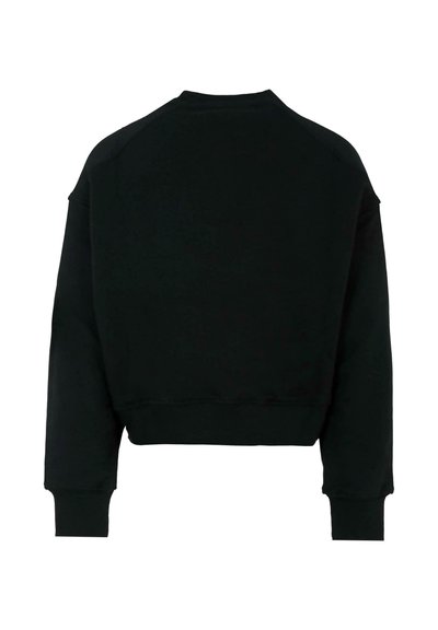 Felpa nera a cucitura corta con maniche lunghe, colletto rotondo e polsini a coste. Texture liscia, design minimalista, senza loghi o motivi visibili.