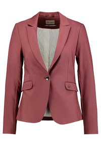 Blazer v jemné růžové barvě, vyrobený z hladké tkaniny s přiléhavým střihem, s klopovým límcem, dvěma předními kapsami a decentním detailem knoflíku.