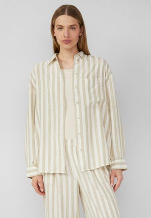 Gestreepte blouse in beige en wit, met een knoopsluiting aan de voorkant, lange mouwen en een enkele borstzak. Gemaakt van lichtgewicht stof.