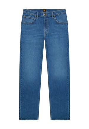 Vaqueros azul rectos con cinco bolsillos, trabillas para cinturón, cierre de botón y cremallera, y etiqueta de la marca Lee en la cintura.