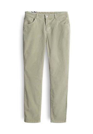 Helle grüne Baumwollhose mit Slim-Fit, Fünf-Taschen-Design und kontrastierenden Nähten. Mit Knopfverschluss und Gürtelschlaufen.