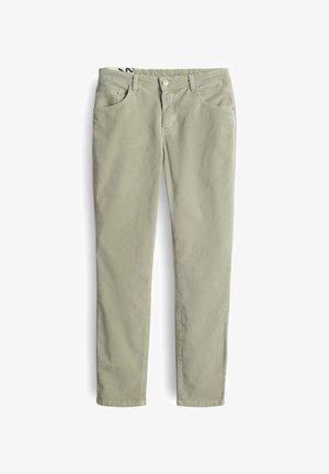 Helle grüne Baumwollhose mit Slim-Fit, Fünf-Taschen-Design und kontrastierenden Nähten. Mit Knopfverschluss und Gürtelschlaufen.