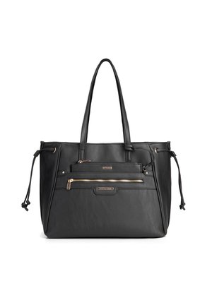 Bolso tote de cuero negro con dos asas, bolsillos delanteros con cremallera dorada y detalles laterales con cordones.
