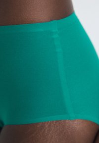 Vihreät puuvillashortsit, joissa on tasainen pinta, keskitason vyötärönauha ja vähäiset saumat, esittelevät yksiväristä suunnittelua.