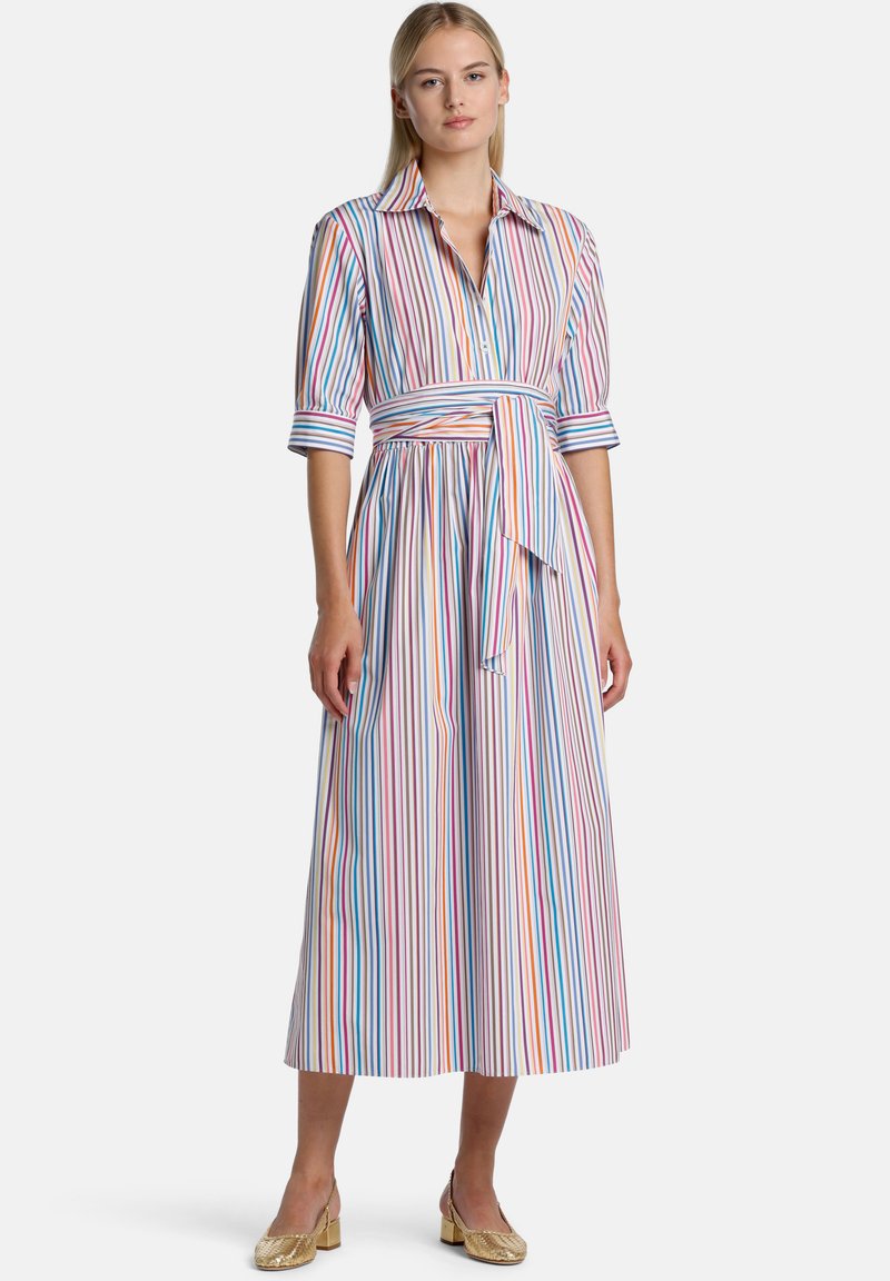 Collared, button-up dress with a waist tie, featuring vertical stripes in pastel colors. Made of lightweight fabric, knee-length design.