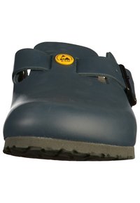 Navy blue clogs made from smooth, durable material with dual adjustable straps and a textured, grippy rubber sole. Yellow ESD logo featured.