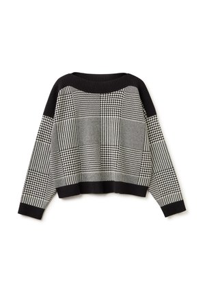 Czarnobiały sweter z dzianiny z długim rękawem, z mieszanymi wzorami kratki i pepitki, z prążkowanym wykończeniem na dekolcie, mankietach i dole.