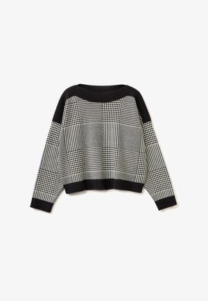 Schwarz-weißes Langarm-Strickpullover mit gemischten Karomustern und Hahnentritt-Muster, mit Rippstrick an Ausschnitt, Bündchen und Saum.