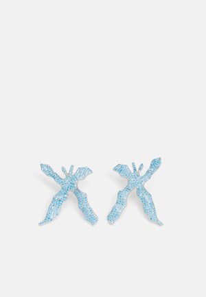 Blue crystal butterfly-shaped earrings with a textured design, featuring intricate detailing and a silver-tone finish.