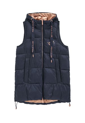 Doudoune sans manches bleu marine avec capuche, fermeture éclair et doublure en rose doré, logo "Polo Club" sur la poitrine et les cordons de la capuche.