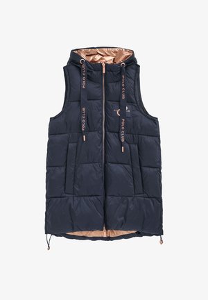 Donkerblauwe, mouwloze puffer-vest met capuchon, roségouden rits en voering, "Polo Club"-logo op de borst en op de capuchon-koorden.