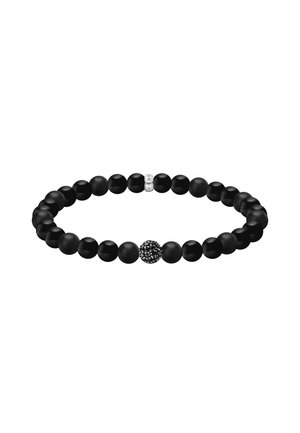 Schwarzes Perlenarmband mit einer zentralen Perle, die mit kleinen schwarzen Kristallen bedeckt ist, und einer kleinen silbernen Verschlussperle mit der Gravur "SABO".