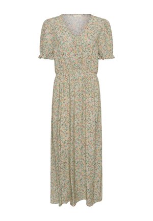 Vestido midi verde claro con estampado floral, mangas cortas abullonadas, escote en V, cierre de botones al frente y cintura fruncida.