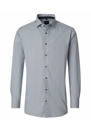 Herren-Langarmhemd mit kleinem schwarz-weißem geometrischem Muster und klassischem Kragen, dargestellt auf weißem Hintergrund.