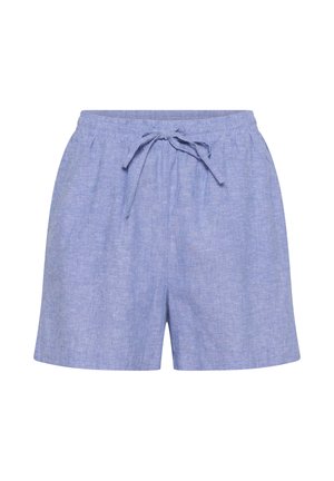 Hellblaue Leinen-Shorts mit elastischem Bund und verstellbarem Kordelzug vorne, lässiger Stil.