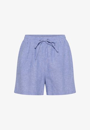 Hellblaue Leinen-Shorts mit elastischem Bund und verstellbarem Kordelzug vorne, lässiger Stil.
