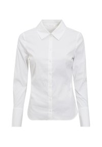 Chemise blanche à manches longues en coton, dotée d'un col classique, d'une patte de boutonnage à l'avant et d'une coupe ajustée avec une texture lisse.