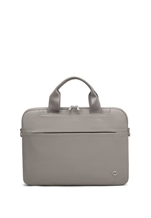 Borsa rettangolare per laptop grigio chiaro con doppia cerniera, manici corti, tasca frontale e piccolo logo circolare "DJ" in basso a destra.