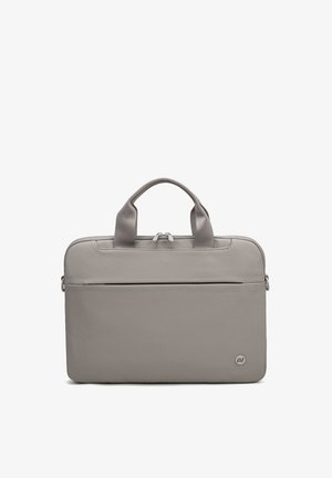 Lichtgrijze rechthoekige laptoptas met dubbele ritssluiting, korte handvatten, voorvak en klein rond "DJ"-logo rechtsonder.