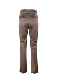Pantaloni bruniti su misura con una finitura liscia, dotati di chiusura con zip, due tasche posteriori e design a gamba dritta.