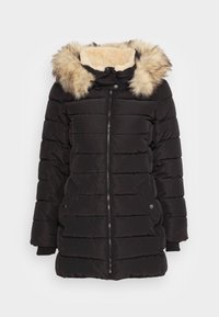 Černá péřová bunda s kapucí podšitou kožešinou, zapínání na zip a tlačítka, dvě postranní kapsy, prošívaná textura a žebrované manžety.