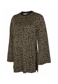 Košulja dugih rukava s leopard uzorkom u nijansama smeđe i crne, ima visok ovratnik i bočne proreze za lakše kretanje. Tekstura tkanine.