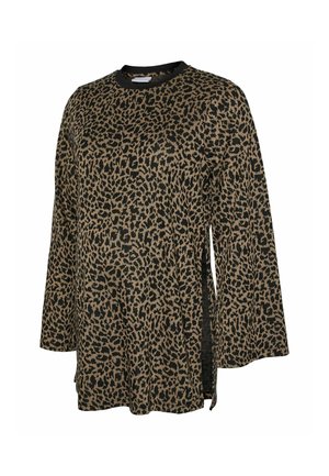 Chemise à manches longues imprimée léopard dans des tons de marron et de noir, avec un col haut et des fentes latérales pour plus de liberté de mouvement. Tissu texturé.