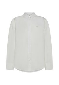 Camicia bianca a maniche lunghe con colletto classico, chiusura con bottoni e ricamo logo discreto sul petto. Tessuto dalla texture liscia.