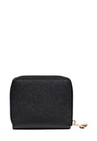 Portafoglio in pelle nera con superficie texture, forma rettangolare, accenti in metallo dorato e chiusura con zip su un lato.