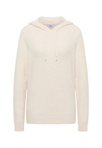 Haut à capuche de couleur crème en tissu texturé, doté d'un cordon de serrage, de poignets et d'un ourlet côtelés, avec une coupe décontractée et un design minimaliste.
