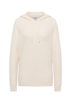 Sudadera color crema hecha de tela texturizada, con cordón ajustable, puños y dobladillo acanalados, y un corte relajado con un diseño minimalista.