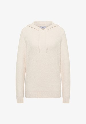 Haut à capuche de couleur crème en tissu texturé, doté d'un cordon de serrage, de poignets et d'un ourlet côtelés, avec une coupe décontractée et un design minimaliste.