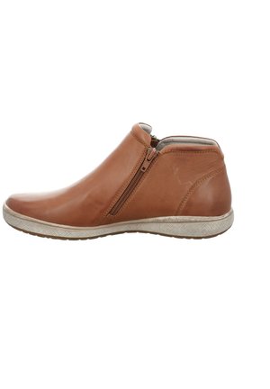 Brown leather ankle boot with a side zipper, textured upper, rounded toe, and a contrasting white rubber sole.