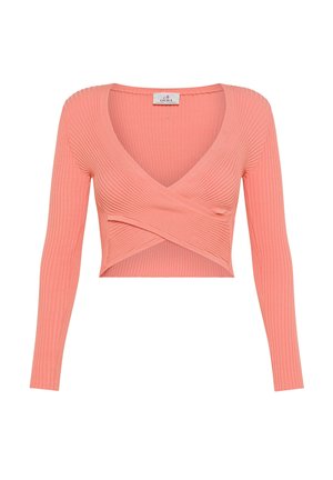 Roze geribbelde crop top met lange mouwen, een diepe V-hals en een gewikkeld ontwerp aan de voorkant. De stof lijkt zacht en aangesloten.