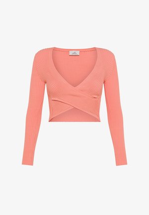 Różowy, prążkowany crop top z długimi rękawami, głębokim dekoltem w kształcie litery V oraz upiętym przodem. Materiał wydaje się miękki i dopasowany.