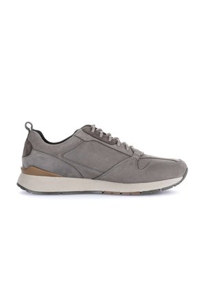 Grijze suède sneaker met een laag profiel, gestructureerde bovenkant, contrasterende beige zool en subtiele paneel details. Voorzien van vetersluiting en een lus aan de achterkant.